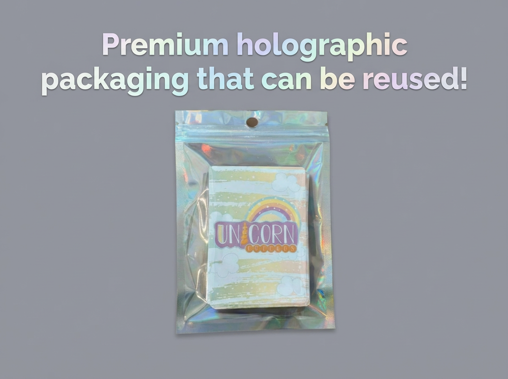 Holographic packaging with a unicorn label on a gray background
