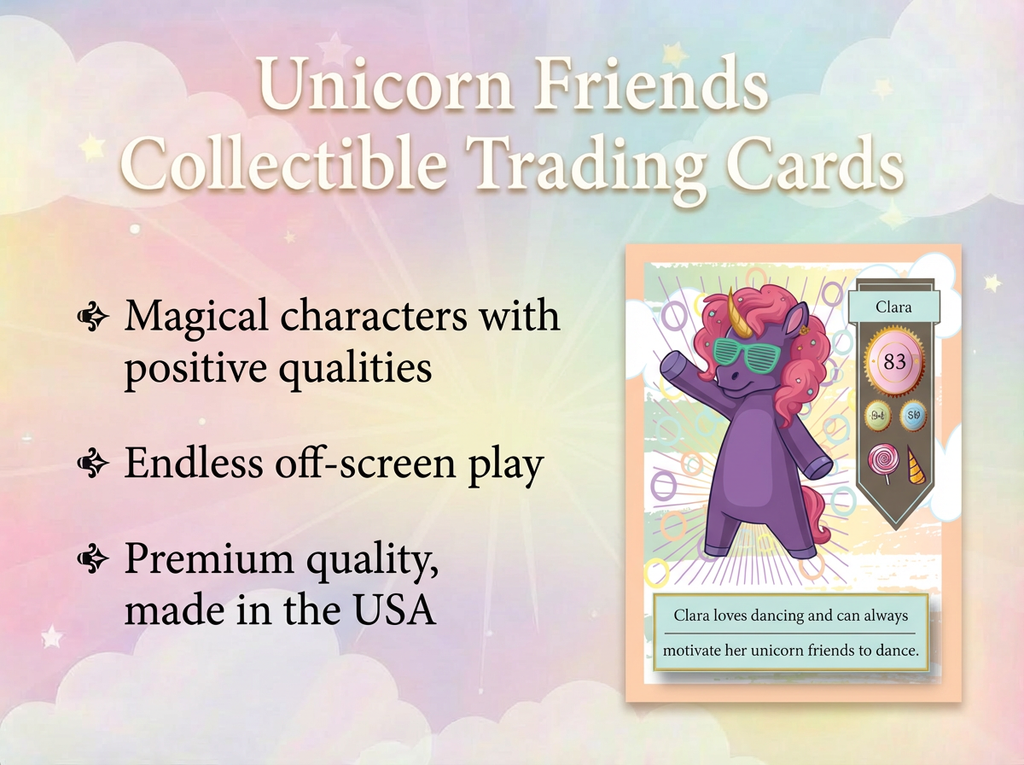 Unicorn Friends collectible trading card with character and text on a colorful background