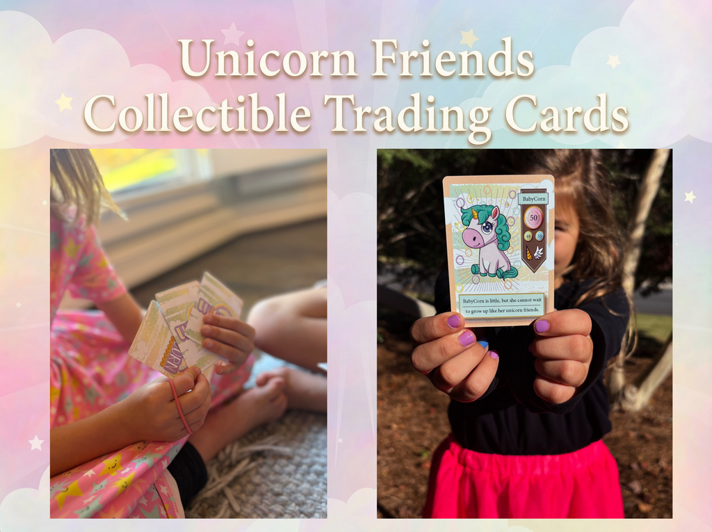 Children holding Unicorn Friends collectible trading cards with a colorful border.