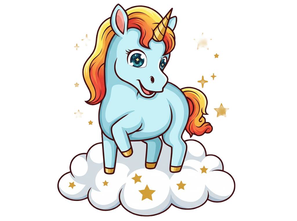 Cartoon unicorn with a rainbow mane on a cloud