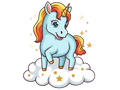 Cartoon unicorn with a rainbow mane on a cloud