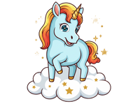 Cartoon unicorn with a rainbow mane on a cloud