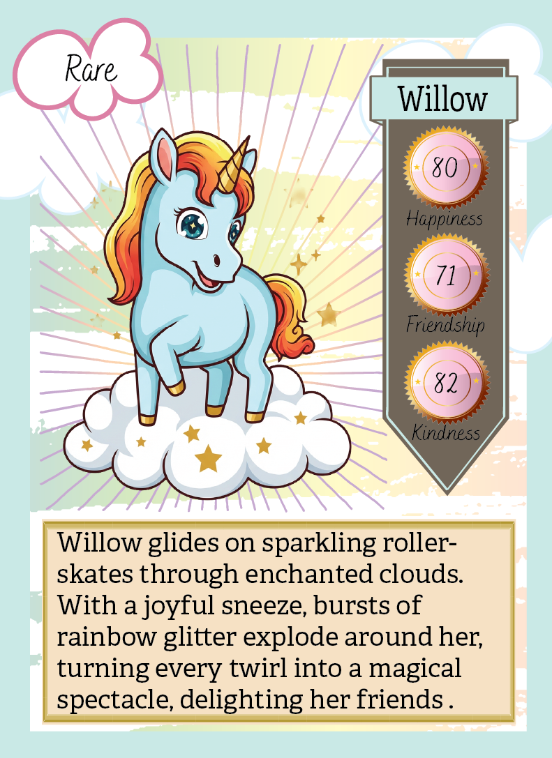 Card featuring a unicorn character named Willow with stats and description on a light blue background