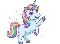 Cartoon unicorn with a colorful horn and tail on a white background