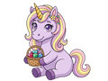 Cartoon unicorn with a basket of Easter eggs on a white background
