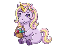 Cartoon unicorn with a basket of Easter eggs on a white background