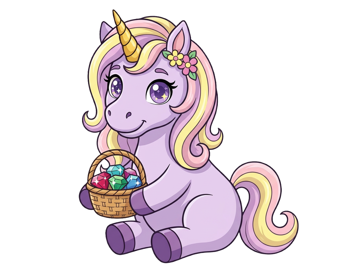 Cartoon unicorn with a basket of Easter eggs on a white background