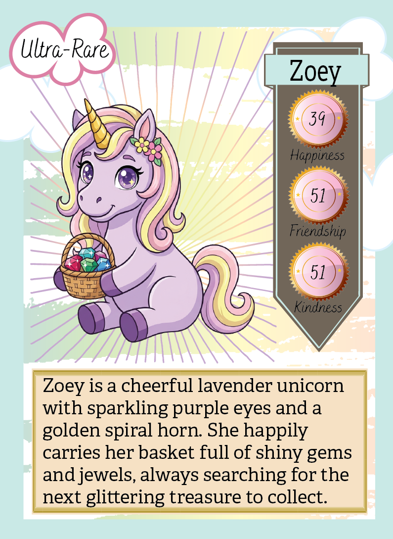 Card featuring a cartoon unicorn named Zoey with attributes and description text.